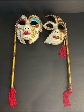 Handheld Masquerade Mask - Gold & Red Set Of 2